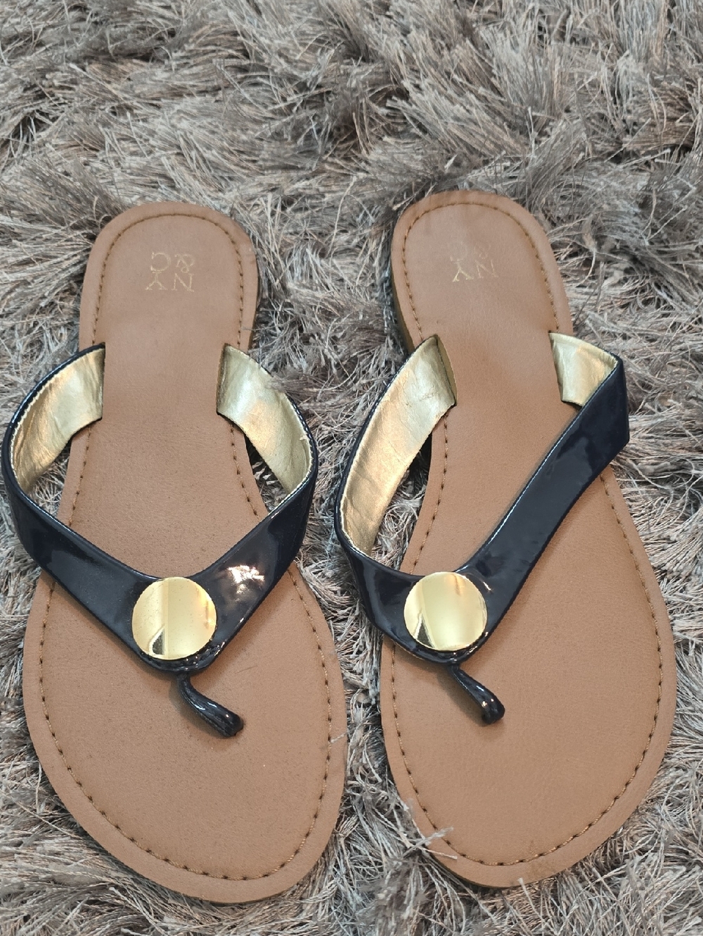 New York & Company Navy Blue and Gold Thong Sandals
